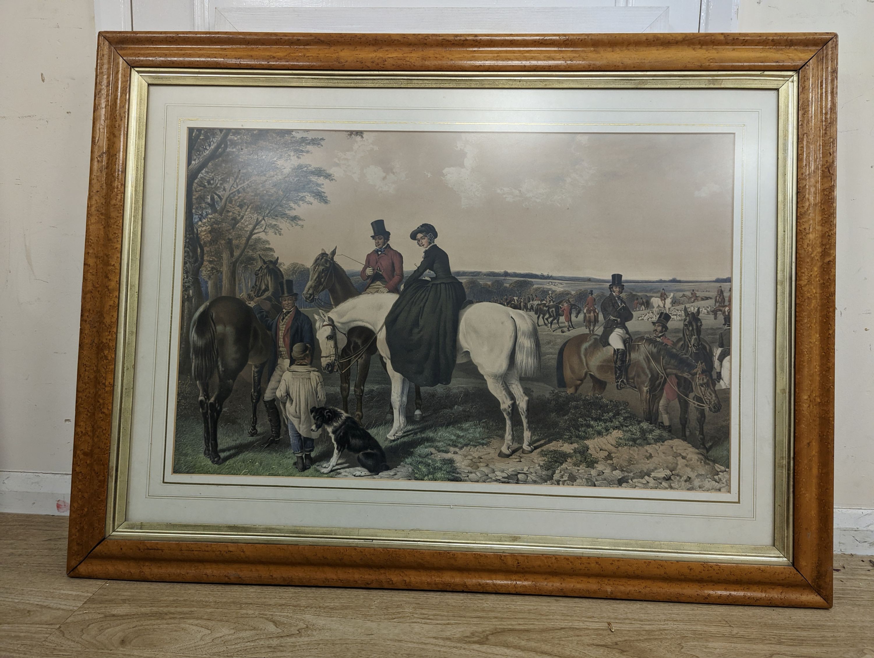 A Victorian maple framed hand coloured lithograph, 'The Meet before The Hunt', 52 x 82cm
